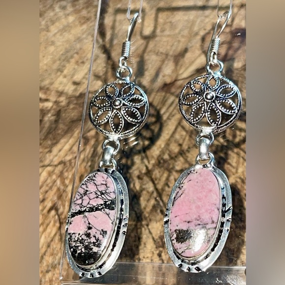 Peach Rhodochrosite Earrings 2 7/8” - Picture 3 of 9